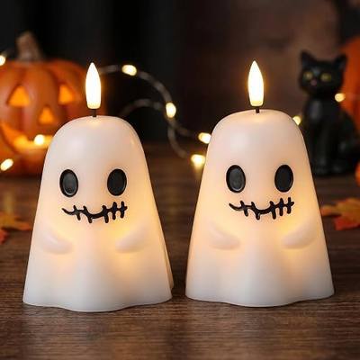 GenSwin Ghost Halloween Flameless Candles Battery Operated LED with Timer | Real Wax, Halloween Decor, White, 2 Pack, 3.5" x 5.5"