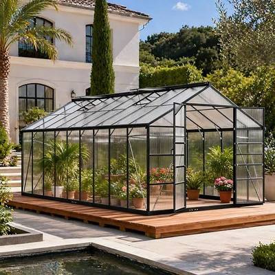 10x18 FT Aluminum Greenhouse, Durable Walk-in Polycarbonate Greenhouse Kit with Adjustable Roof Vent, Easy Assembly Outdoor Garden Greenhouse for Backyard, Black