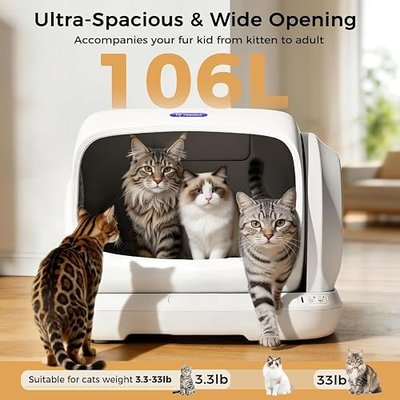 Automatic Cat Litter Box,106L XXXL Extra-Large Self Cleaning Litter Box for Large Cats, Open Top Auto Cat Box Self Cleaning with Anti-Pinch Patent APP, Safety Sensor