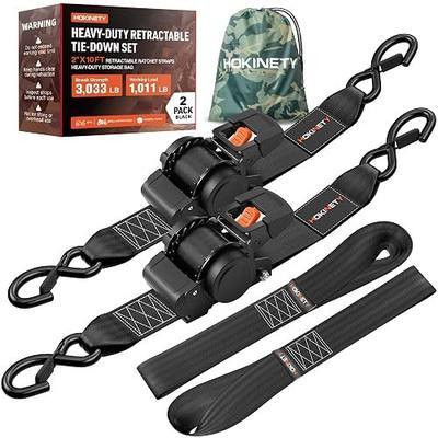 Retractable Ratchet Straps - Extra Wide 2 Inch x 10 Feet, 2 Pack, Heavy Duty Handle-Press Auto Self Retracting Tie Down Straps, 3033 lb Break Strength for Truck, Trailer, Cargo - Black