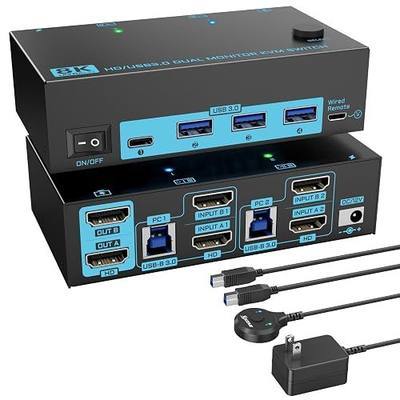 8K Dual Monitor KVM Switch Dual HDMI 2.1 2 Monitors 2 Computers 2 in 2 Out 4 Port USB 3.0 8K@60Hz/4K@120Hz KVM Switches, Wired Desktop Controller & 2 USB 3.0 Cables Included