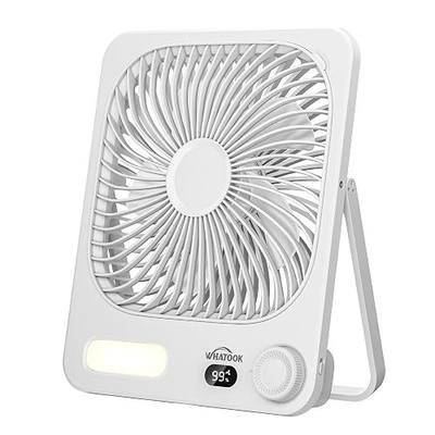 WHATOOK 10000mAh Battery Powered Fan Up to 40H Runtime, Ultra-Slim 8-Inch Portable Travel Fan with LED Lantern, Ultra Quiet Rechargeable Desk Fan for Bedroom, Office, Outdoor, Camping, Cruise (White)