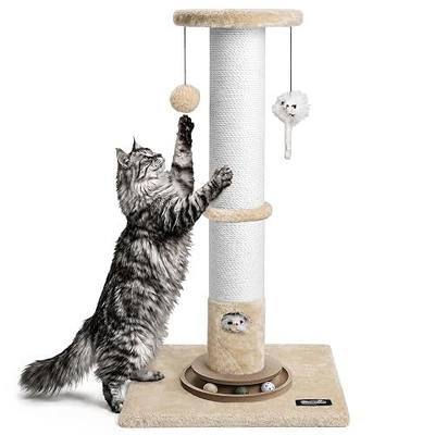 35-Inch Tall Cat Scratching Post, Stable Base for Large Cats, Beige | Heavy-Duty, Soft Natural Cotton Rope Cat Scratcher, Interactive Cat Toys, Wooden Ball Track, for Kittens and Indoor Cats