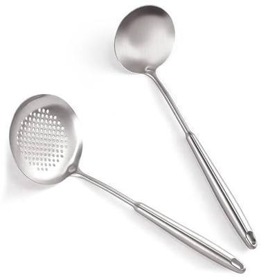 2PCS 18/10 Stainless Steel Ladle and Slotted Spoon, Soup Ladle and Strainer Spoons, Wok Utensils for Cooking, Stirring, Soup, Sauce, Dishwasher Safe
