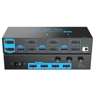 8K/4K Displayport 1.4 KVM Switch 2 Monitors 3 Computers Dual Monitor 8K@30Hz/4K@144Hz 3 Port Dual DP1.4 USB 3.0 KVM Switches 3 PCs Share 2 Monitors & 4 USB 3.0 Devices with Desktop Controller