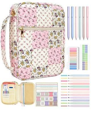 Bible Cover Case for Women Large Quilted Bible Bag with Handle Washable | Bible Case Bible Study Supplies Accessories Christian Gifts for Women Mom (Spliced Flower Pink)