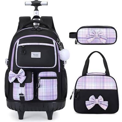 Bevalsa Rolling Backpack for Girls, Roller Backpack with Wheels, Cute Bow Wheeled School Bookbag Set with Lunch Bag & Pen Case, Suitcases for Kids Teens Elementary Middle Student (Black Purple)
