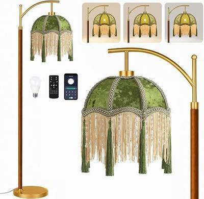 Vintage Floor Lamp for Living Room,Wood Gold Remote Dimmable Standing Lamps with Victorian Fringe Green,Arc Corner Tall Floor Light for Bedroom,Office,Boho Farmhouse Mid Century Modern Decor