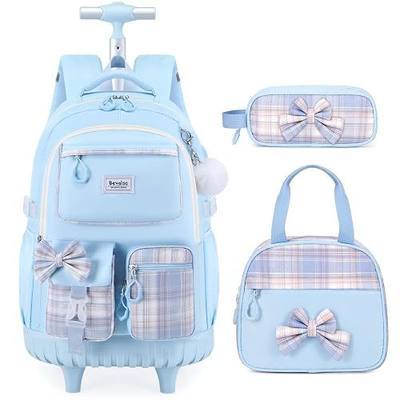 Bevalsa Rolling Backpack for Girls, Roller Backpack with Wheels, Cute Bow Plaid Wheeled School Bookbag Set with Lunch Bag & Pen Case, Suitcases for Kids Teens Elementary Middle Student (Blue)