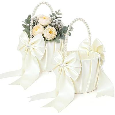 Zhehao Set of 2 Wedding Flower Girl Baskets with Cute Pearl Handle Bowknot Satin Flower Baskets for Wedding Ceremony Anniversary(Champagne)
