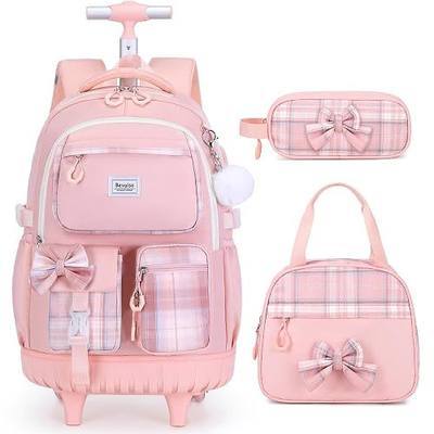 Bevalsa Rolling Backpack for Girls, Roller Backpack with Wheels | Cute Bow Plaid Wheeled School Bookbag Set with Lunch Bag & Pen Case, Suitcases for Kids Teens Elementary Middle Student