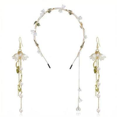 Renaissance Accessories Set,Floral Lily of the Valley Headband & Dangle Earrings, Vintage Ren Faire & Fairy Accessories for Wedding Cosplay