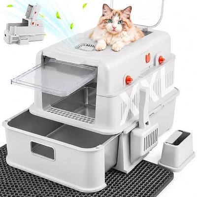 Stainless Steel Large Enclosed Covered Cat Litter Box | Front & top dual entry, pull-out drawer flip cover, odor-resistant non-stick, extra for big cats, includes scoop and mat