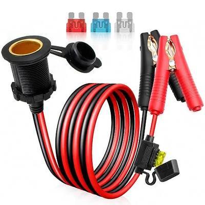 Female Cigarette Lighter Socket to Alligator Clips, Heavy Duty 12AWG 12V/24V Battery Clamp Extension Cable with 20A/25A/30A Fuse for Tire Inflator, Portable Fridge, Air Compressor, RV