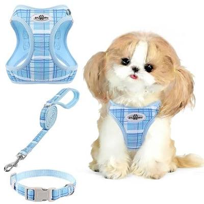 Gyuzh Dog Harness and Leash Set, 3-in-1 Step in No Pull Harness Vest Collar for Small Dogs & Cats, Lightweight Breathable Mesh Reflective Plaid with Padded Handle (Blue, XXS)