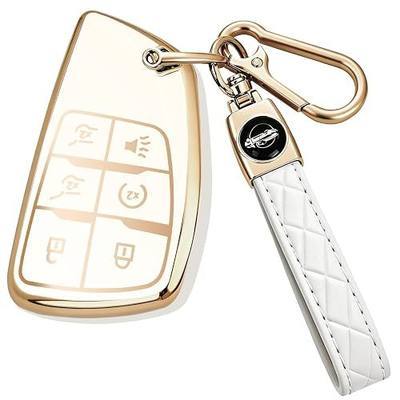 for Chevy GMC Key Fob Cover with Keychain Durable Soft TPU Case Key Shell Compatible with 2021-2027 Tahoe Suburban Silverado Yukon Denali 6-Button Gold/White