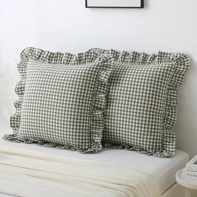 Gingham Ruffled Throw Pillow Covers 24x24 Inch Sage Green 2 Pack | 100% washed cotton, vintage farmhouse style, Decorative pillow shams, hidden zipper,For bed, sofa or couch