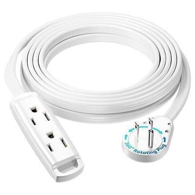 Maximm 3-Outlet 360° Rotating Flat Plug Extension Cord, 15ft, White, 14AWG Heavy Duty Flat Wire with Hanging Loop, 2-Sided Multi-Outlet Power Strip, UL Certified