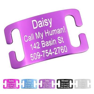 GoTags Slide-On Pet ID Tag, Silent Personalized Dog and Cat Nameplate | No Noise Aluminum, Custom Engraved in 4 Sizes for Large, Medium and Small Collars, Curved for Comfort No Jingling (Purple)