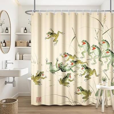 Beige Funny Frog Shower Curtain Sets, Japanese Retro Anime Shower Curtains for Unique Bathroom, Waterproof Washable Whimsical Animal Pattern Bath Curtain with 12 Hooks, 72x72 Inch