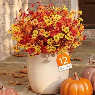 Lifewit Fall Artificial Flowers for Outdoor Indoor, 12 Bundles Plastic Fake Flowers Daisy with Eucalyptus Leaves for Home Garden Autumn Decor, Porch, Yard, Window Box(Sunset Orange)