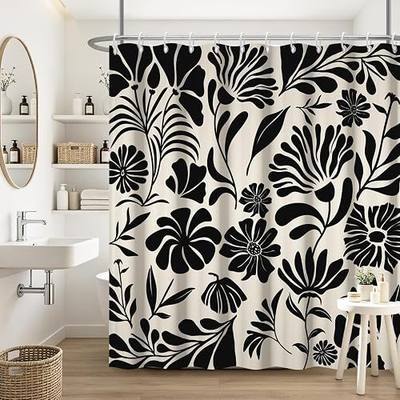 Black Matisse Flower Shower Curtain Sets, Vintage Abstract Flower Print Shower Curtains for Funky Bathroom, Waterproof Washable Retro Botanical Bath Curtain with 12 Hooks, 72x72 Inch