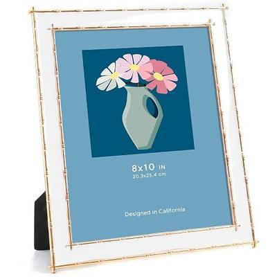 Acovy 8x10 White Enamel Picture Frame with HD Tempered Glass | Gold Bamboo-Shaped Metal Edge Frame with Velvet Back, Tabletop & Wall Mount Horizontal Vertical Display