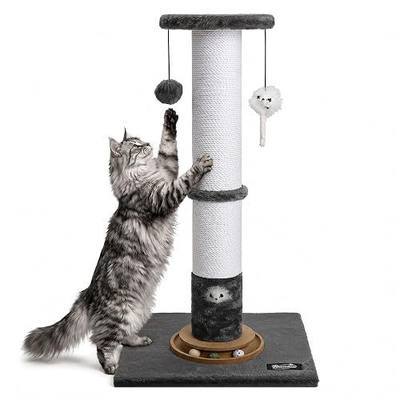 35-Inch Tall Cat Scratching Post, Stable Base for Large Cats, Gray | Heavy-Duty, Soft Natural Cotton Rope Cat Scratcher, Interactive Cat Toys, Wooden Ball Track, for Kittens and Indoor Cats