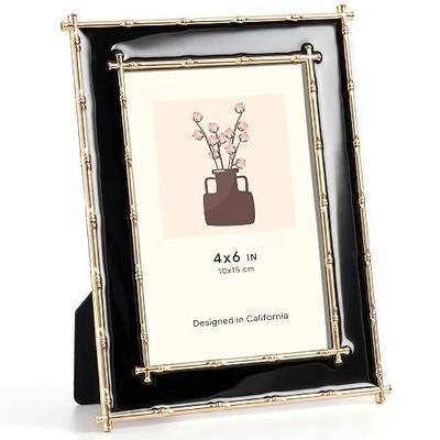 Acovy 4x6 Black Enamel Picture Frame with HD Tempered Glass | Gold Bamboo-Shaped Metal Edge Frame with Velvet Back, Tabletop & Wall Mount Horizontal Vertical Display