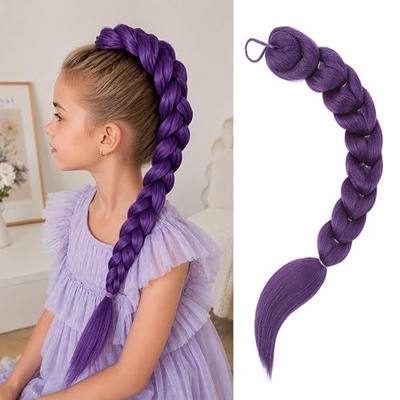 Braid Ponytail Extensions with Hair Ties Purple 24 Inch Braided Ponytail Hair Pre Braiding Hair Extensions for Halloween Costume Cosplay (Dark Purple)