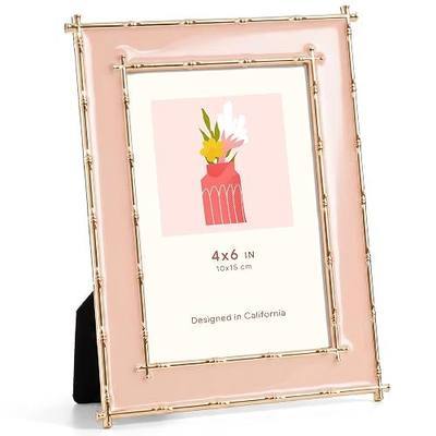 Acovy 4x6 Pink Enamel Picture Frame with HD Tempered Glass | Gold Bamboo-Shaped Metal Edge Frame with Velvet Back, Tabletop & Wall Mount Horizontal Vertical Display