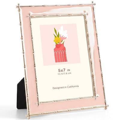 Acovy 5x7 Pink Enamel Picture Frame with HD Tempered Glass | Gold Bamboo-Shaped Metal Edge Frame with Velvet Back, Tabletop & Wall Mount Horizontal Vertical Display