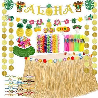 Hawaiian Aloha Luau Party Decorations, 107Pcs Tropical Summer Beach Party Supplies With Banner, Table Skirt, Hawaiian Leis, Palm Leaves, Hibiscus, Topper, Straws, Eyeglasses, Pineapple Centerpiece