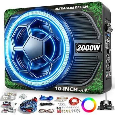 2000W Peak 10 Inch Underseat Subwoofer and Amp Package for Car | Easy install, clean bass, Class D amp, RGB soccer-style grille, 2.76 in slim fit, RCA & high-level inputs for car truck SUV