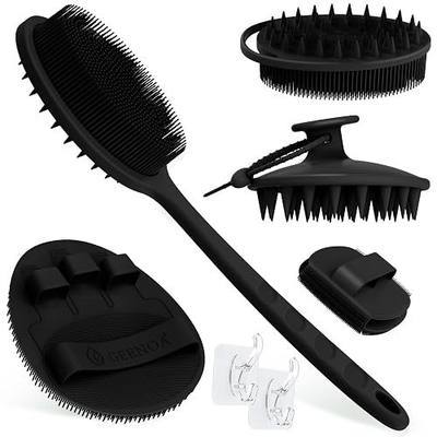 Silicone Back/Body/Face Scrubber & Scalp Massager Set 5PCS, 13.4'' Soft Back Scrubber, 360° Anti-Slip Bath Glove, Unique Side-bristled Face Scrubber, Shampoo Brush for All-round Cleaning(Black)