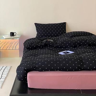 White Polka Dot Duvet Cover Queen Size Knit Cotton Soft Bedding Set 3 Pieces with Zipper Closure Modern Chic Comforter Cover and 2 Pillow Shams, Black Bedding Duvet Cover Set for Kids Adults, No Fade