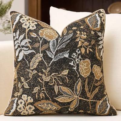 Black Floral Textured Throw Pillow Cover 18x18 Inches Vintage Rust Pillow Cover Farmhouse Summer Leaf Cushion Cover Chenille Neutral Flower Pillowcase Home Decor for Sofa Living Room Bedding