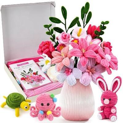 shaXsha Pipe Cleaner Flower Kit Bulk, 1160+ PCS All-in-One Beginner Craft Set with 650 PCS Pipe Cleaners, 500+ Beads & Eyes, Pink-Themed Materials for Creative DIY, Illustrated & Video Guides