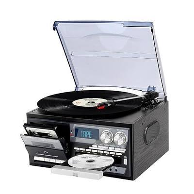 Nostalgic 9 in 1 Bluetooth Turntable for Cozy Living Room Vibes, 3 Speed Vinyl Record Player with CD Cassette AM FM Radio USB SD Playback, Built in Speakers RCA Out Remote Control