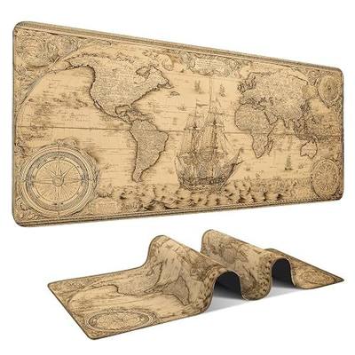 Retro Map Extended Gaming Mouse Pad 35.4x15.7Inch Large Desk Mat Anti-Slip Rubber Base & Durable Stitched Edges for Gamers Smooth Mouse Writing Surface for Desk Office/Home