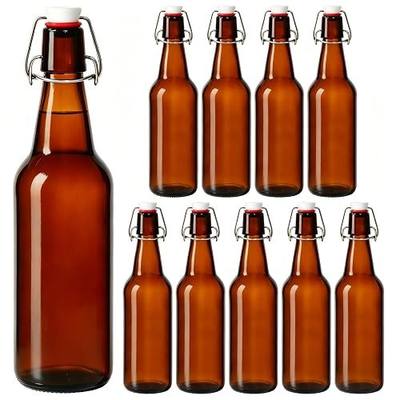 KEYWING 16oz Amber Swing Top Glass Bottles, Fermentation Bottles for Beer | 10 Pack Airtight Flip Top Glass Bottles for Vanilla Extract, Kombucha, Soda, Mead, Cider, Kefir & Home Brewing