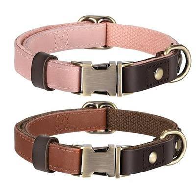 2 Pack PU Leather Dog Collars for Small Dogs Adjustable Dog Collars with Quick Release Metal Buckle with Nylon Lining for Girl Boy Dogs, Brown+Pink