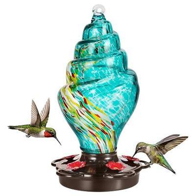 LUJII Spiral Design Hummingbird Feeder for Outdoor Hanging, Hand-Blown Glass, 25 fl.oz, Leak-Free & Rust-Resistant, with a Built-in Ant Moat, Metal Cap with 5 Feeding Ports, Teal