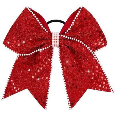 CN 7" Red Glitter Large Cheer Hair Bows for Cheerleader | Jumbo Sequin Ponytail Holder Elastic Band with Pearl, Handmade for Cheerleading Teen Women Girls Softball College Sports