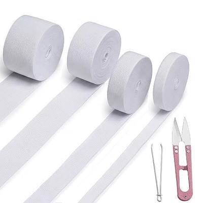 MYUREN 4 Sizes White Elastic Band Bundle for Sewing - 0.6/1/1.5/2 Inch Wide | Knit Elastic Spool with Thread Scissors & Threader Tool for Waistbands, DIY Crafts, Clothing Repair (5 Yards Each)