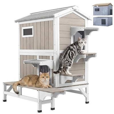 PetsCosset Outdoor Cat House for 2-3 Cats, 2-Story Wooden Cat Shelter with Feeding Station, Built-in Scratching Fabric Interior, Dual Escape Doors, Balcony, PVC Curtains, Openable Roof | 2-Story Outdoor Cat Shelter for 2-3 Cats with Feeding Station, Dual Escape Doors, Balcony, PVC Curtains, and Open
