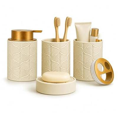 Ceramic Bathroom Accessory Set 4 Pcs with Lotion/Soap Dispenser, Toothbrush Holder, Soap Dish, Tumbler, Modern Scandinavian Bathroom Decor and Storage Set, Easy to Clean, Creamy, Beige