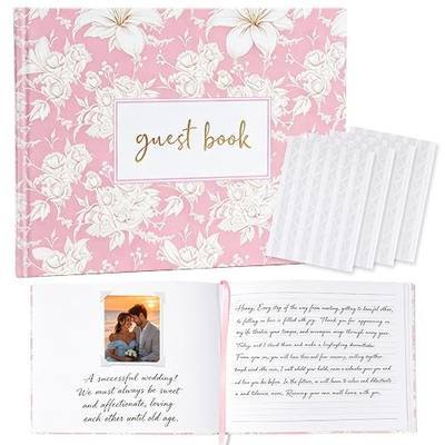 Pollize Floral Wedding Guest Book for Polaroid Photos, 7x9 Inch Guestbook | 100 Pages Lined and Blank Sign in Book for Wedding Reception, with Self-Adhesive Photo Corners for Big Days (Pink)
