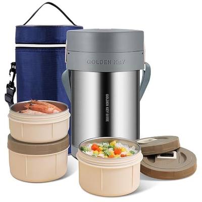 GOLDEN KEY 74 oz Stainless Steel Wide Mouth Large Food Thermo Hot Food Jar | 3 Tier Vacuum Insulated Stackable Hot Food Containers with Keep Thermal Portable,Hot & Cold Food Insulated Food Jars(Silver)