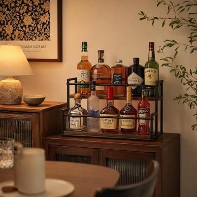 2-Tier Liquor Bottle Display Shelf, Countertop Coffee Syrup Organizer Rack with Wood & Metal Frame, Holds 8/10 Bottles for Home Bar Kitchen (L/16.9 inch)